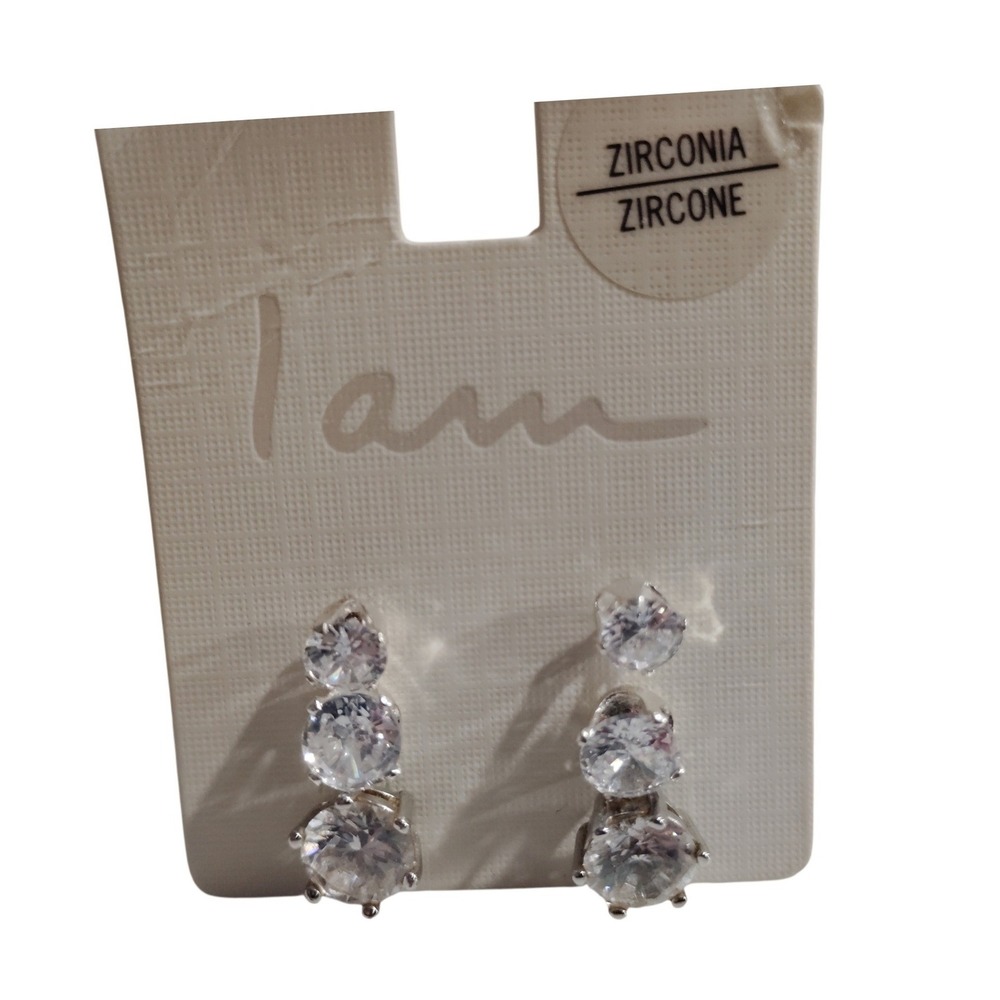 I Am Triple Graduated Round Cubic Zirconia Drop Earrings‎ Silver Clear Stones